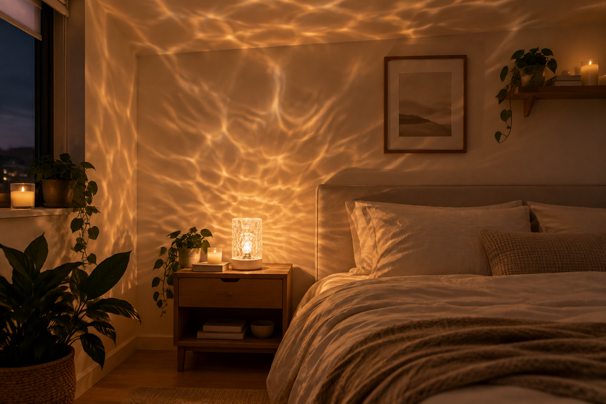 Habitación acogedora con lámpara de ambiente efecto ondas de agua iluminando paredes y techo