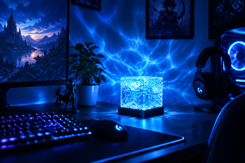 Lámpara con luz azul en setup gaming