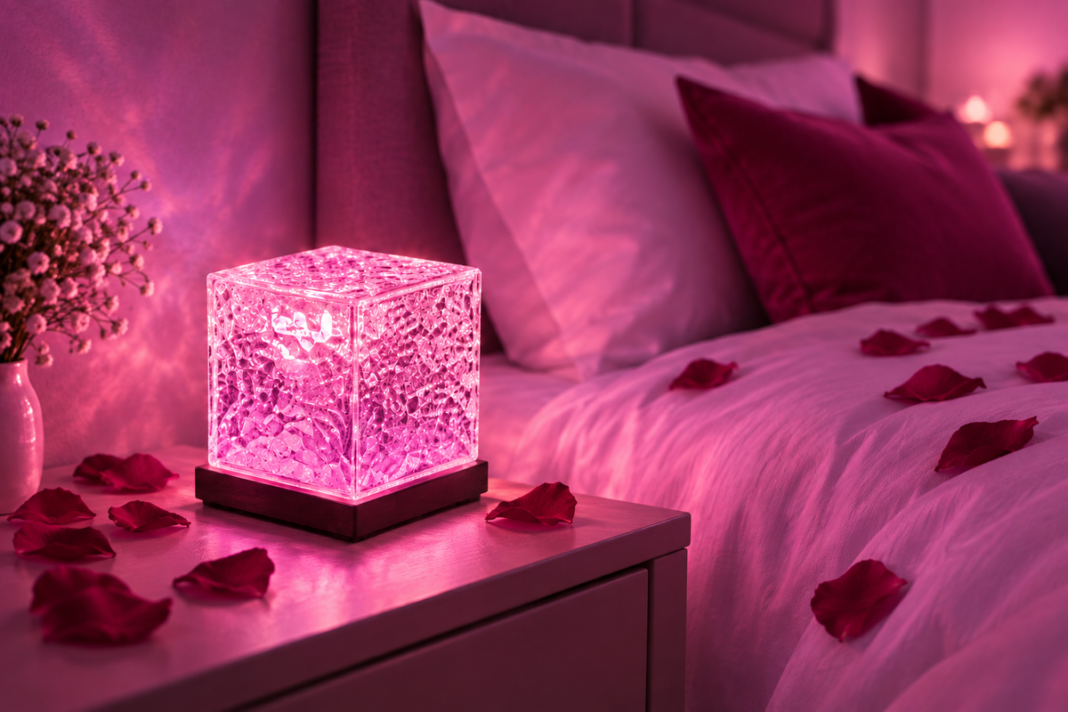 Lámpara con luz morado-rosa en cama romántica con flores