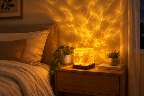 Lámpara de ambiente en dormitorio acogedor modo cozy